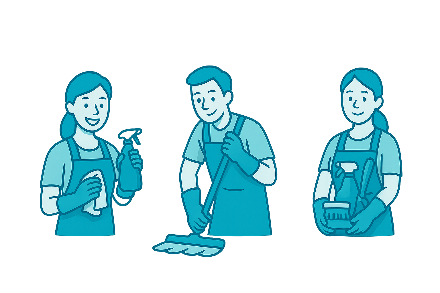 Professional cleaning team illustration showing three team members with cleaning equipment